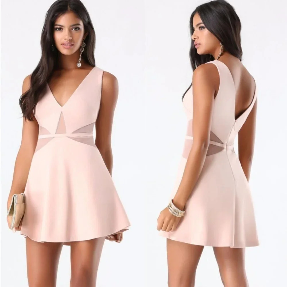 Bebe Nwt Blush Pink Mesh Inset Deep V-Neck Mini Dress Size L